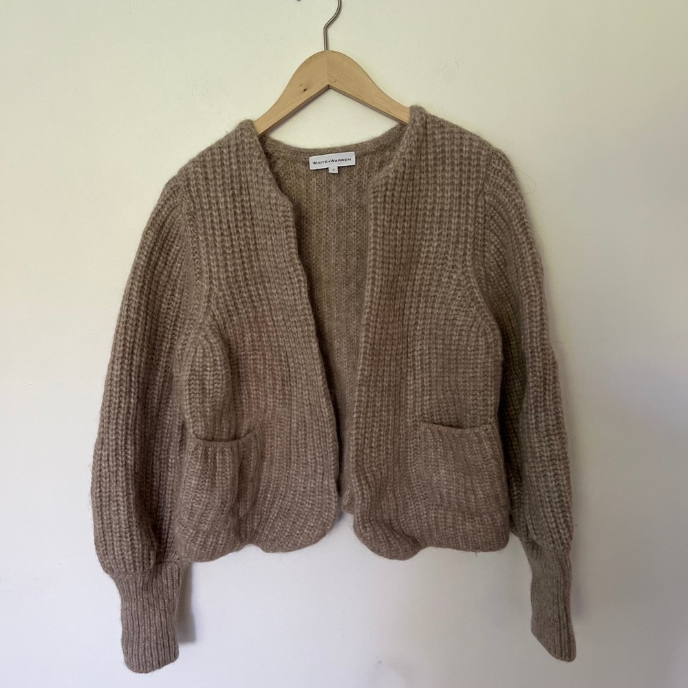 White + Warren Alpaca Wool Ribbed Open Front Cardigan Taupe Brown Small